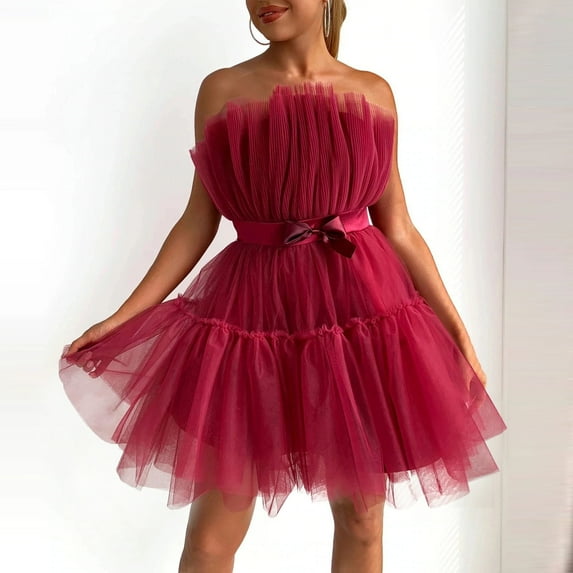 UPPADA Womens Tulle Dress Short Puffy Prom Dress Sleeveless Wrap Dress Fluffy Dress with Bow Tie Strapless Mesh Birthday Fairy Dresses Cocktail Party Gown