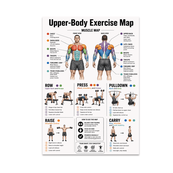 Upper-Body Exercise Map - Gym Beginners, 13 x 19 in Glossy Unframed Wall Poster, Vertical
