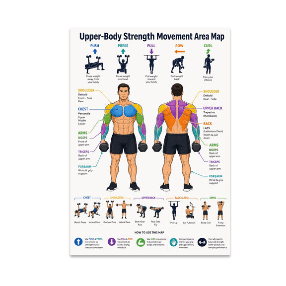 Upper-Body Strength Movement Area Map Poster, Gym Beginners and Fitness Classrooms, 13x19 Glossy Paper