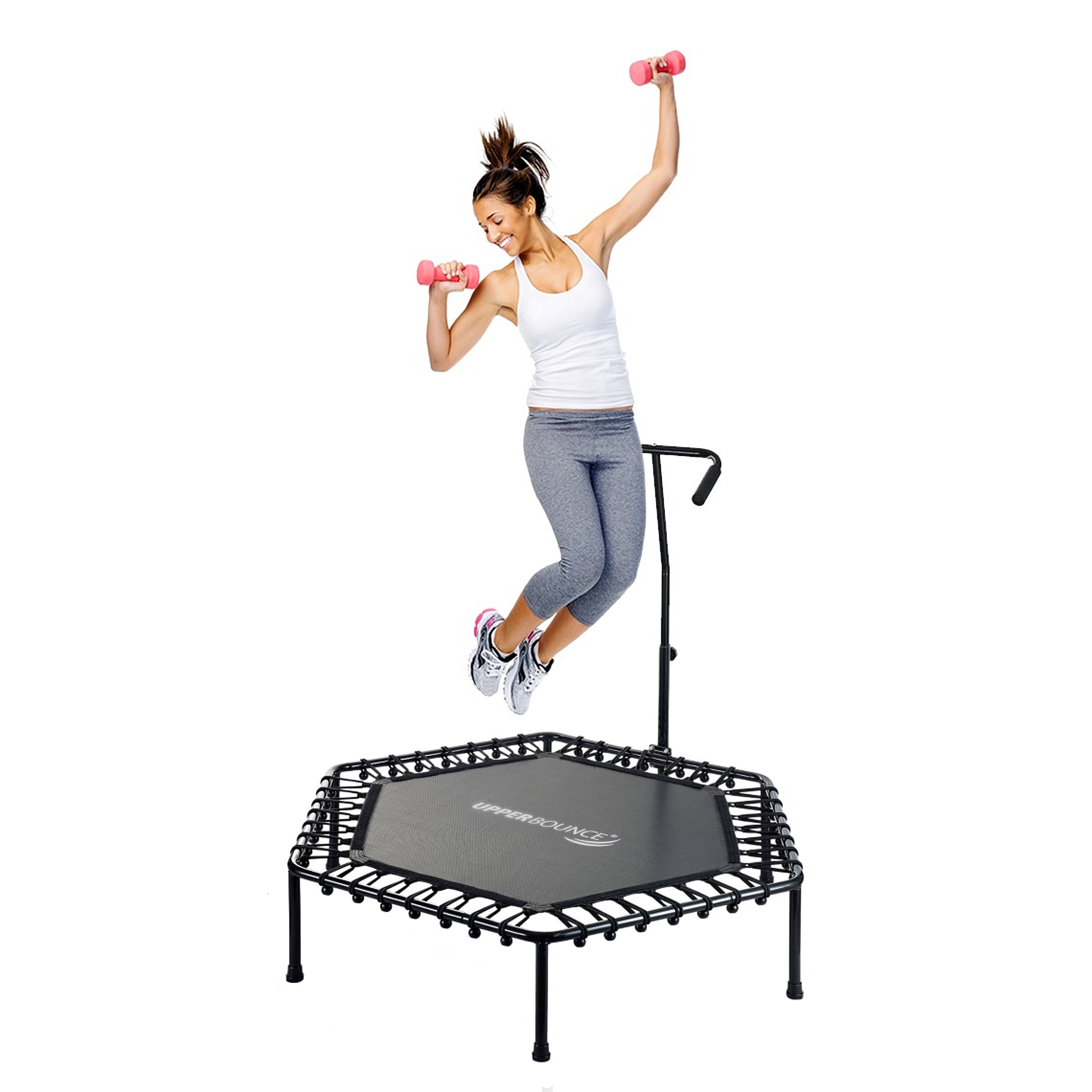 Kids' 50 Inch Black Hexagonal Fitness Trampoline with Handrail