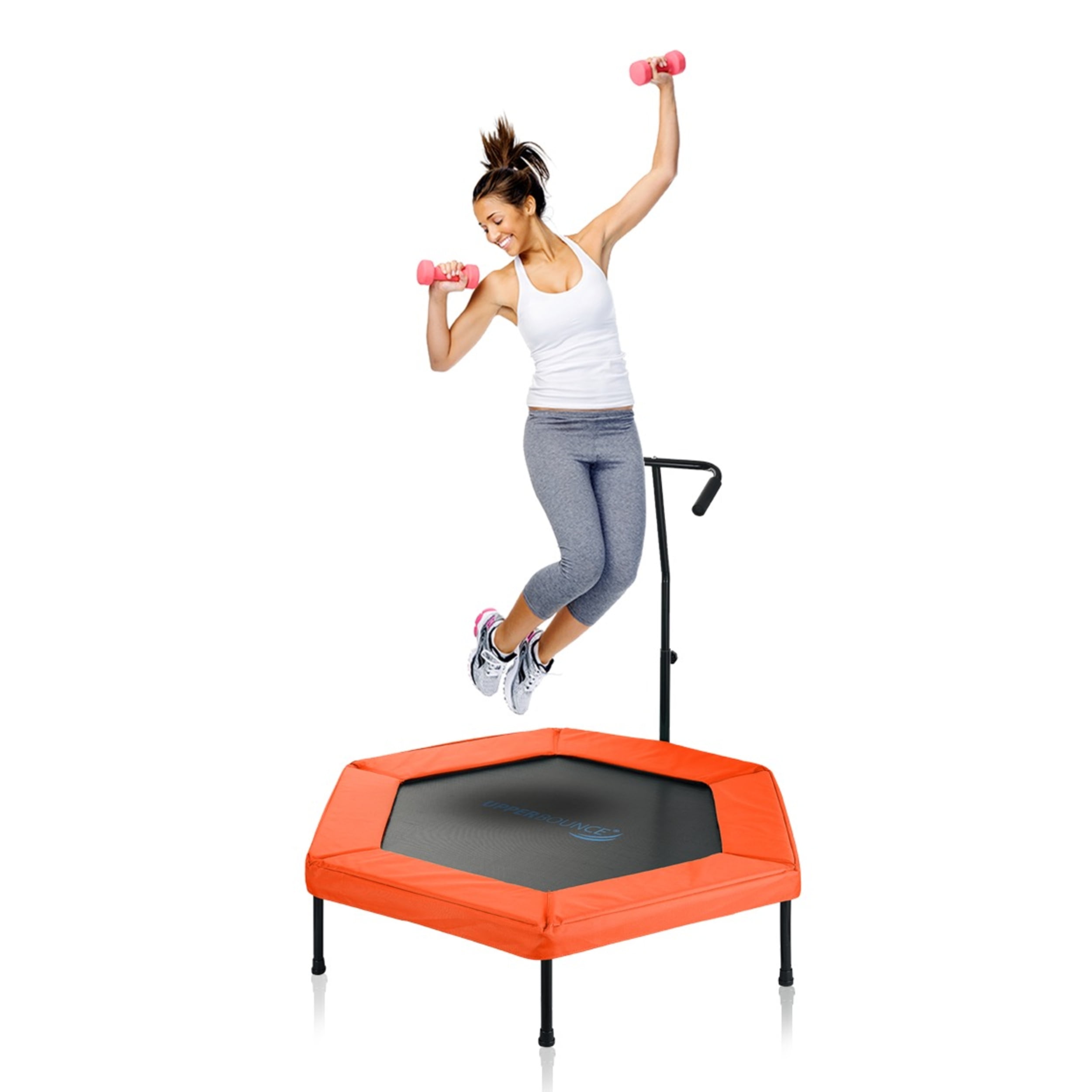 Upper Bounce 50" Mini Trampoline with Adjustable T-Shaped Handrail – Hexagonal Rebounder Fitness Trampoline for Kids & Adults - Orange