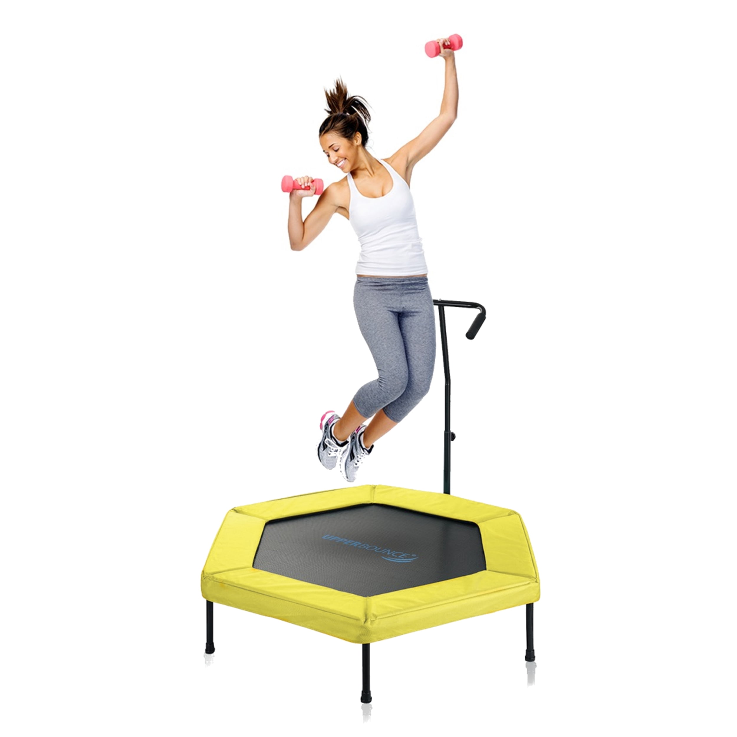 Upper Bounce 50" Mini Trampoline with Adjustable T-Shaped Handrail – Hexagonal Rebounder Fitness Trampoline for Kids & Adults - Yellow