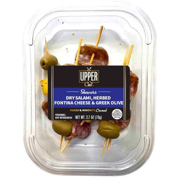 Upper Cut Dry Salami, Tuscan-Style Fontina & Green Olive Skewer, 6 Count, 2.7oz, Plastic Tray (Refrigerated)