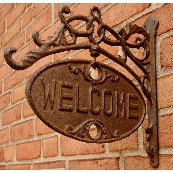 Upper Deck Welcome or Go Away Sign Ornate Cast Iron Front Door Plaque