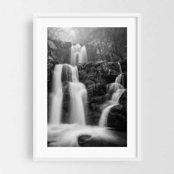 Upper Doyle's River Falls B&W - Virginia Photography Waterfall Black and White Nature Landscape Scenic Forest Mountain White Framed Wall Art Print 5 x 7 inches