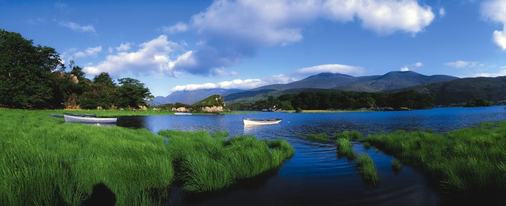 Upper Lake Carrantuohill Killarney Co Kerry Ireland Boats In A Lake With Purple Mountains In The Distance Canvas Art - The Irish Image Collection Design Pics (44 x 18)