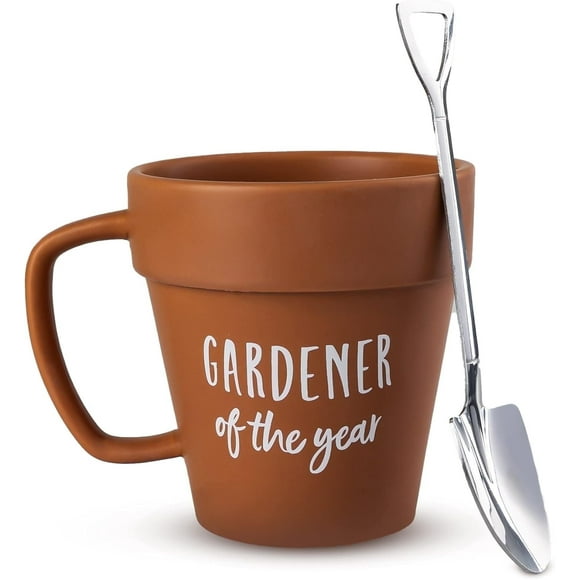 Upper Midland Products Garderner Themed Ceramic Coffee Mug with Shovel Coffee Spoon Gifts for Friends, 11 oz