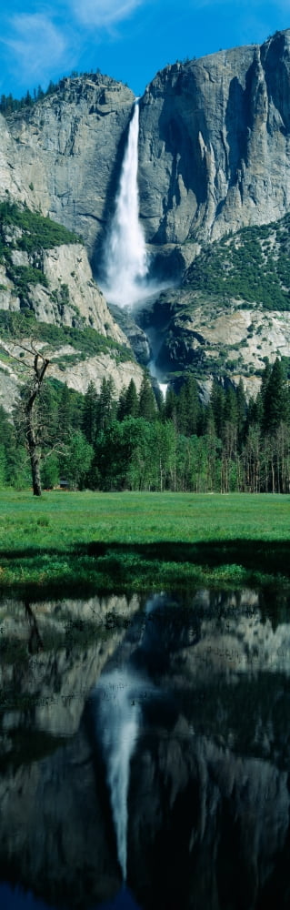 Upper and Lower Yosemite Falls and reflection in Spring California Canvas Art - Panoramic Images (27 x 9)