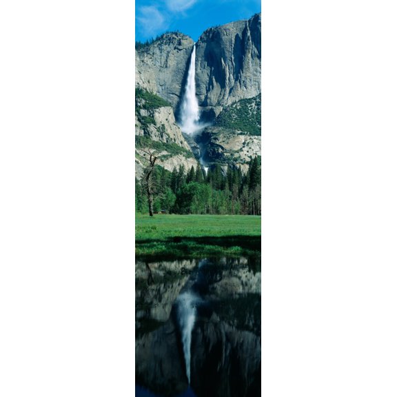 Upper and Lower Yosemite Falls and reflection in Spring California Canvas Art - Panoramic Images (36 x 12)