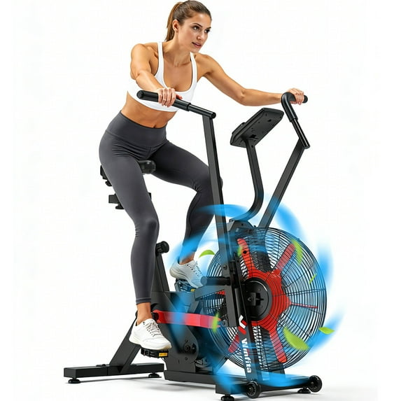 Exercise Bike, Adjustable Air Resistance Stationary Fan Bike for Home with App Compatible, Quiet Indoor Cycling Bike with 330lbs Weight Capacity Comfortable Seat, Digital Monitor & Phone Mount
