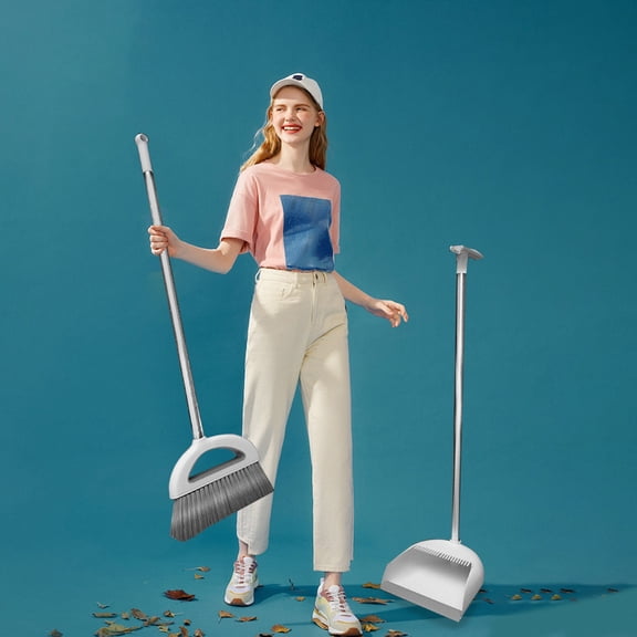 Upright Broom and Dustpan Set | Self-Cleaning Lobby Broom with Built-In Scraper Teeth, Space-Saving Vertical Storage | White or Coffee | 35" Long Handle Heavy-Duty Sweeper for Home, Apartment