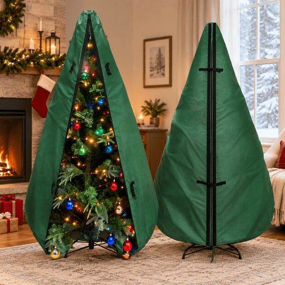 Upright Christmas Tree Storage Bag 7.5Ft, Christmas Tree Covers for Upright Storage for 7 Ft /7.5 Ft Artificial Christmas Trees with Ornaments, Equipped with Patented Support Rod Technology-Green