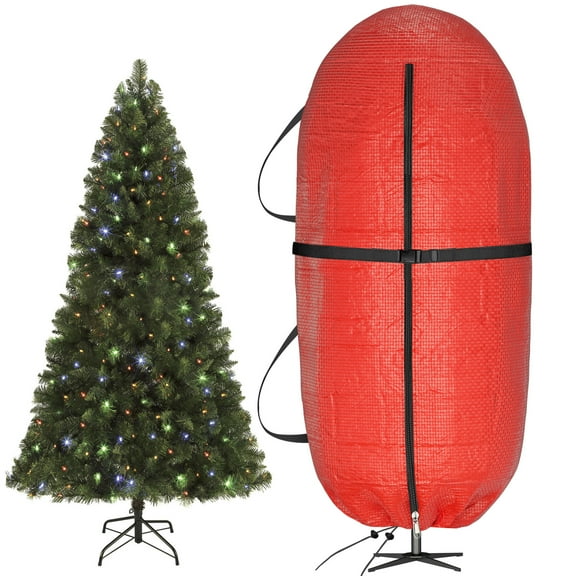 Upright Christmas Tree Storage Bag with Adjustable Straps, PE Christmas Tree Cover with Zipper Drawstring for 7.5 Foot Artificial Tree Standing with Ornaments, Dustproof, Green (Red)