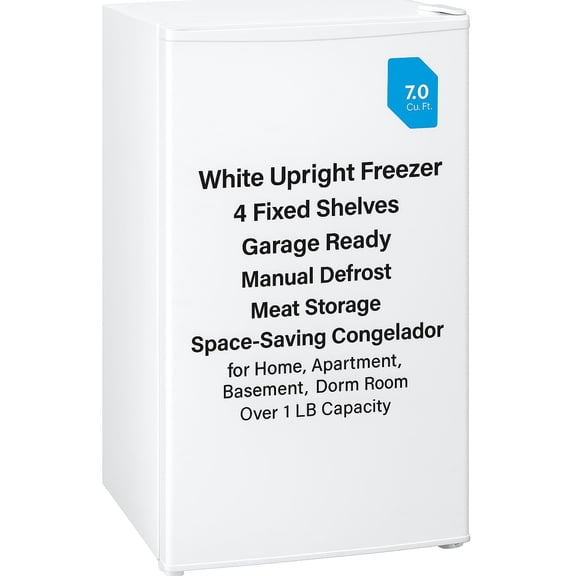 Upright Freezer 7.0 Cubic Feet White  Garage Ready Meat Storage Congelador, 4 Fixed Grid Shelves, Manual Defrost, Space Saving Freezer for Home, Apartment, Basement, Dorm Room, Over 15 lb Capacity K