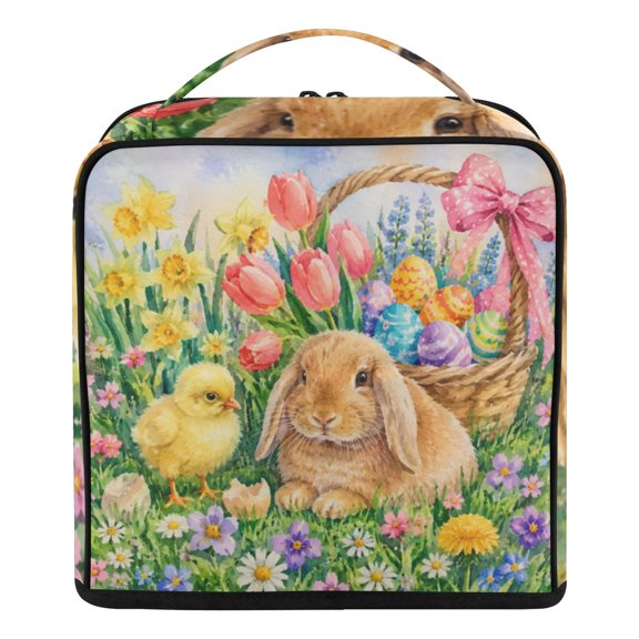 Upright Standing Makeup Bag Easter Bunny Chick Basket Large Capacity Cosmetic Organizer Portable Water Resistant Travel Toiletry Bag with Handle