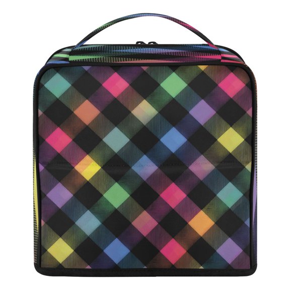 Upright Standing Makeup Bag Neon Rainbow Checkered Pattern Large Capacity Cosmetic Organizer Portable Water Resistant Travel Toiletry Bag with Handle