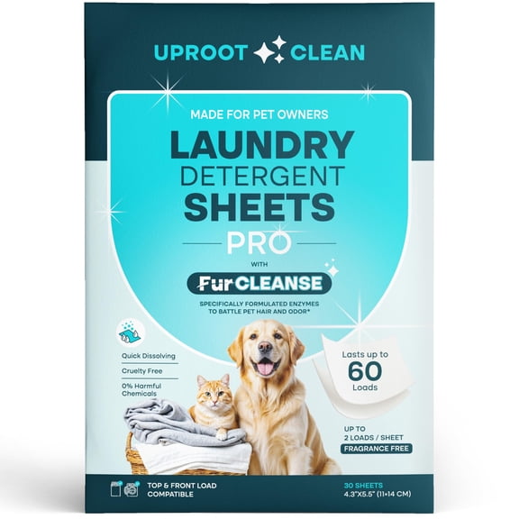 Uproot Clean Laundry Sheets Pro - 30 Pack - Fragrance-Free: Mineral-Powered Laundry Detergent Sheets Travel Pack - Eliminate Clinging Fur, Pet Odors, & Messy Residue - Up to 60 Loads