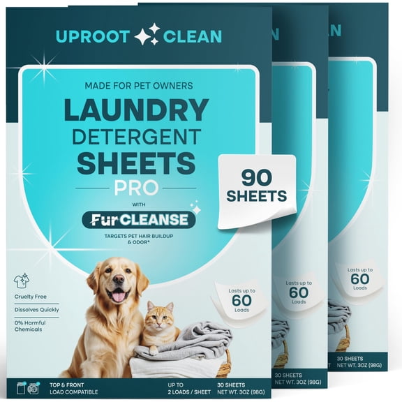 Uproot Clean Laundry Sheets Pro - 90 Pack - Fragrance-Free: Mineral-Powered Laundry Detergent Sheets Unscented - Eliminate Clinging Fur, Pet Odors, & Messy Residue - Up to 180 Loads
