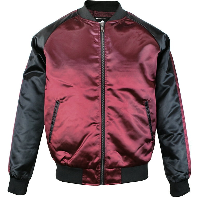 Upscale Men s Contrast Two Tone Satin Polyester Zip Up Baseball Collar Bomber Flight Jacket Coat Red Black Large