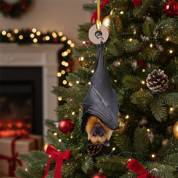 Upside Down Bat Christmas Ornament, Gothic Halloween & Christmas Spooky Tree Hanging Decor Pendant for Alternative Holiday Display, Unique Design Spooky Mantel Accent Halloween Gift, 3.14in, Black