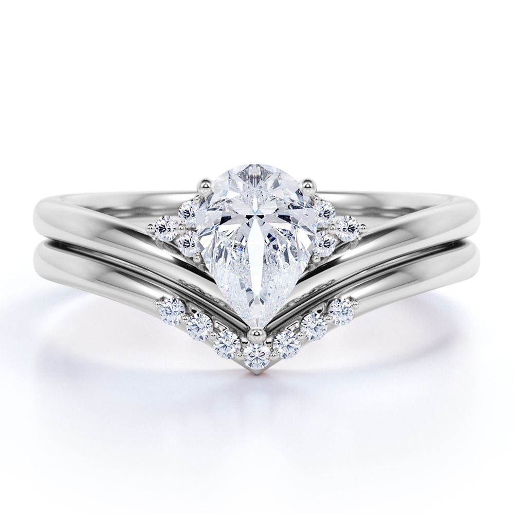 Upside-Down .75 Carat Pear Shaped Real Diamond Chevron Wedding Ring Set in  10k White Gold 