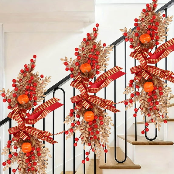 Upside Down Christmas Wreath for Staircase or Door | 24 Inch Gold & Red Rattan Artificial Flower Wreath | Indoor & Outdoor Holiday Decoration