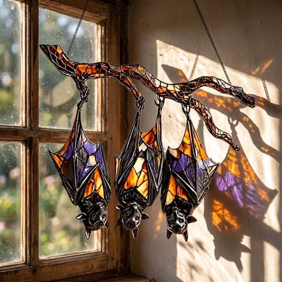 Upside down Bat Acrylic Suncatcher,Halloween Gothic Bat Hanging Ornament,Spooky Bat Tree Decoration for Halloween Party