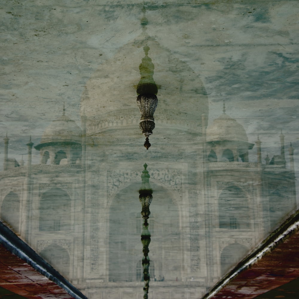 Upside-down reflection of Taj Mahal in a pool of water Agra Uttar Pradesh India Canvas Art - Nick Dale Design Pics (15 x 15)