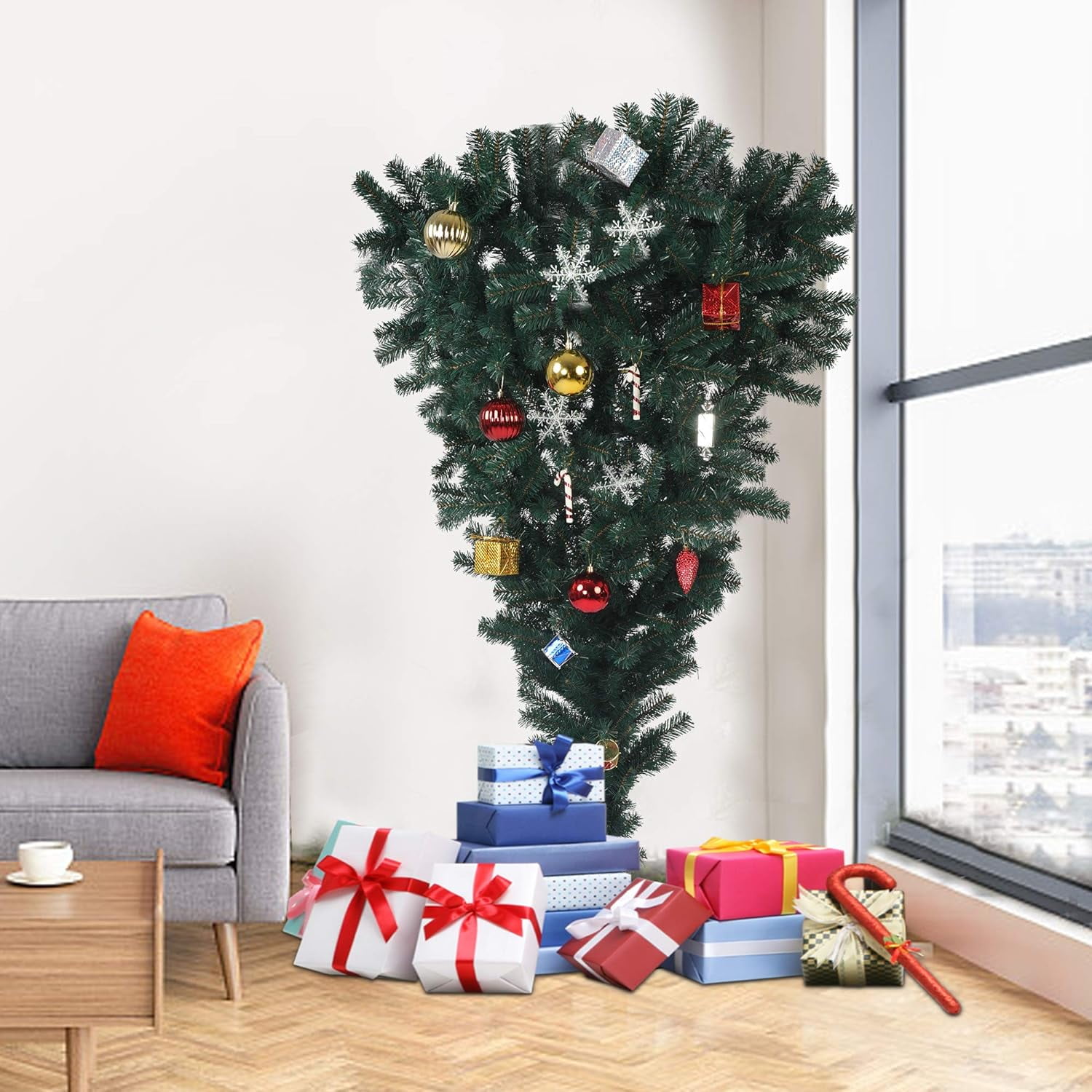 Upsidedown Artificial Christmas Tree with Solid Metal Stand, Festive Indoor and Outdoor