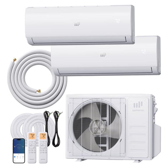 Upstreman 2 Zone Mini Split Air Conditioner Heat Pump, 20000 BTU Wi-Fi Mini Split AC Unit Heater 230V 23 SEER2 Inverter Ductless Air Conditioner w/ Pre-Charged Condenser, Up to 950 Sq.Ft, 9K+12K