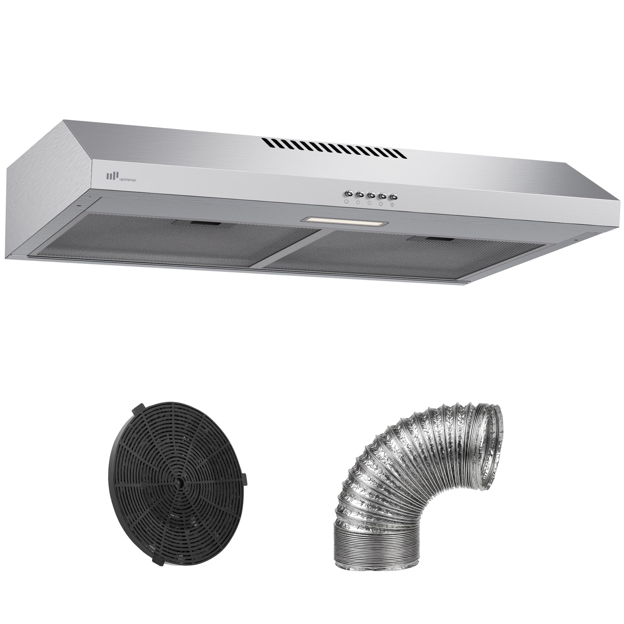 Upstreman 30 Inch Under Cabinet Range Hood with Ducted / Ductless Convertible, Slim Kitchen Oven Vent Hood Stainless Steel Stove Exhaust Fan with LED Lights, 3 Speed, Reusable Filter, HU30 Silver