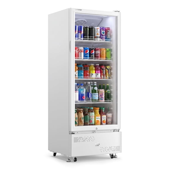 Upstreman Commercial Merchandiser Refrigerator, 9.8 Cu.Ft Glass Door Display Refrigerator Upright Beverage Refrigerator Cooler with Lock, Wheels, LED Light and Removable Shelves, White D98