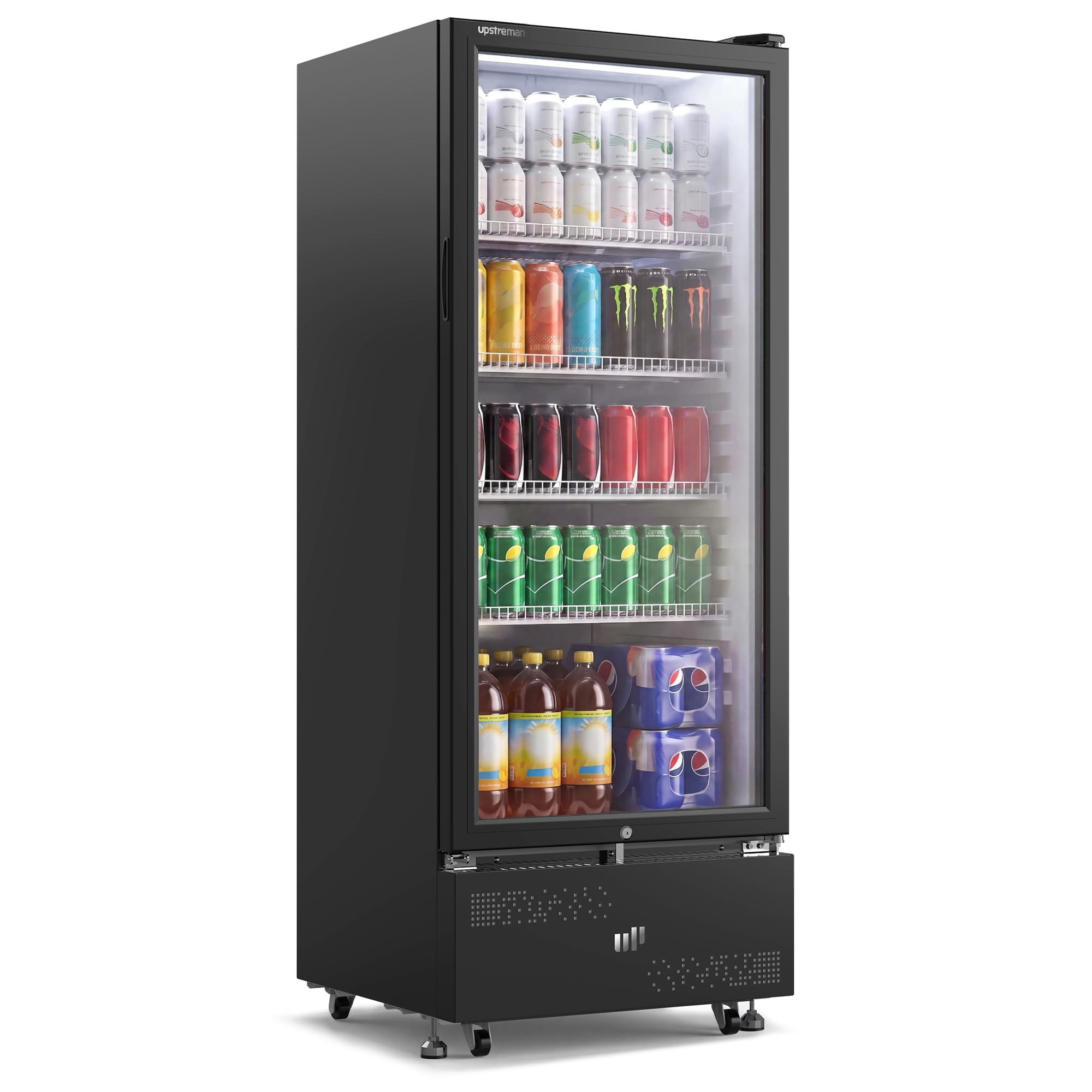 Upstreman Commercial Merchandiser Refrigerator, 9.8 Cu.Ft Glass Door Display Refrigerator Upright Beverage Refrigerator Cooler with Lock, Wheels, LED Light and Removable Shelves, Black D98
