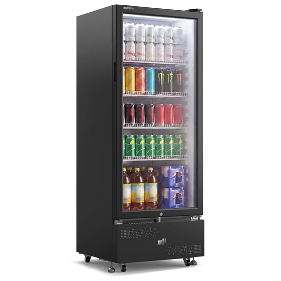 Upstreman Commercial Merchandiser Refrigerator, 9.8 Cu.Ft Glass Door Display Refrigerator Upright Beverage Refrigerator Cooler with Lock, Wheels, LED Light and Removable Shelves, Black D98