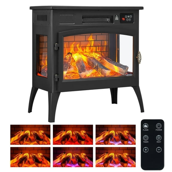Upstreman Home 24" Freestanding Electric Fireplace Heater, 1000/1500W Retro Electric Stove 5200 BTU Space Heater with 3D Realistic Flame, Remote and Timer, Black