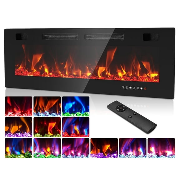 Upstreman Home 50" Wall Mounted Electric Fireplace, Recessed Mirrored Fireplace Heater 750/1500W Ultra Thin Linear Fireplace with Remote Control, Touch Screen, Timer, 2 Heat Fans, Multicolor Flame