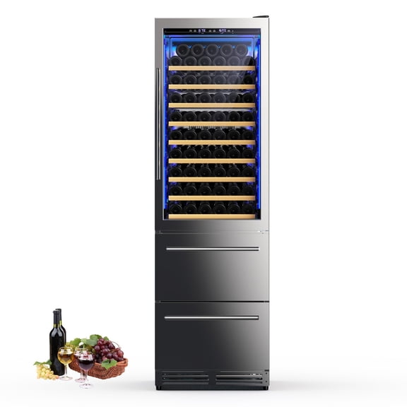 Upstreman Wine Cooler Beverage Refrigerator, Dual Zone Wine Fridge with French Door and Bottom Drawers, 108 Bottles and 96 Cans, WB204