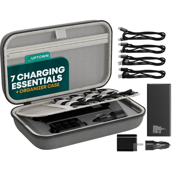 Uptown 7- Piece Travel Charging Tech Bundle  10,000mAh Portable Charger, 45W GaN Wall Adaptor, 48W Car Charger & 4 Cables with Cord Organizer  Travel Essentials for Phones, Tablets & Laptops