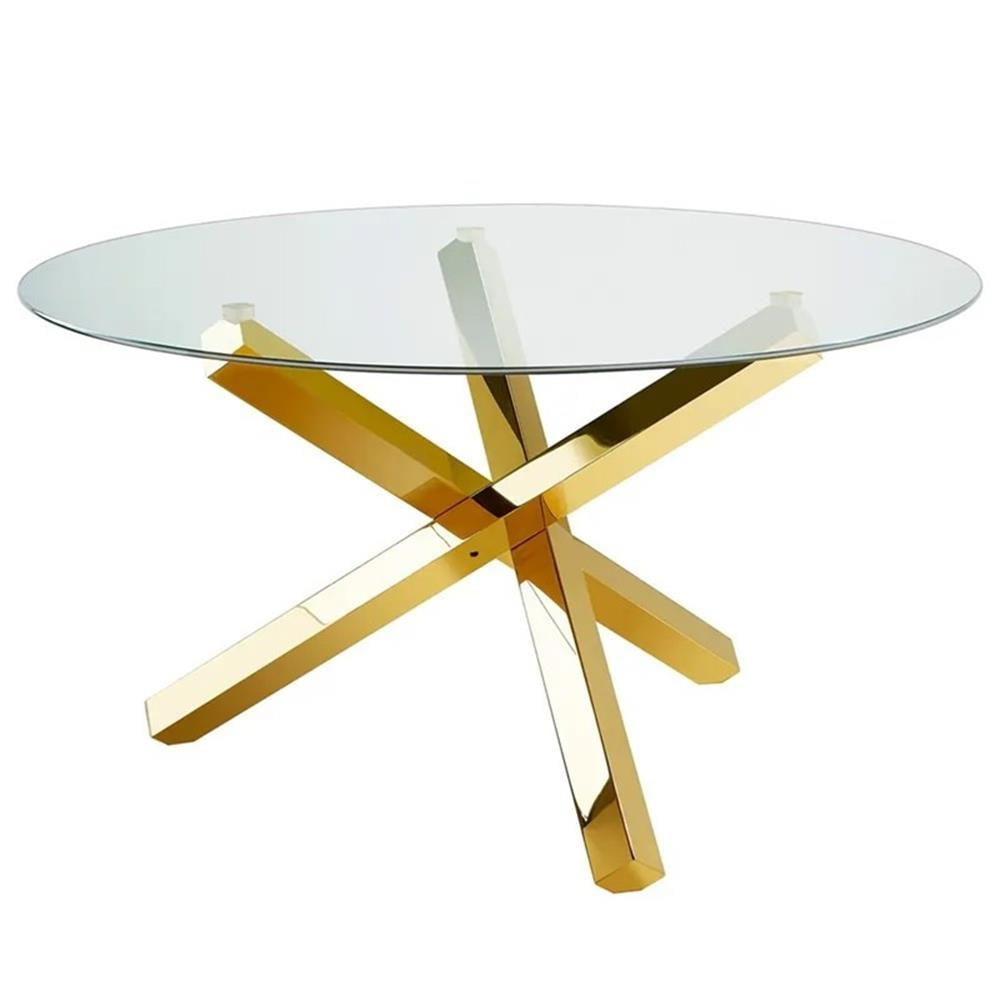 55" Round Clear Glass Dining Table with Gold Cross Legs