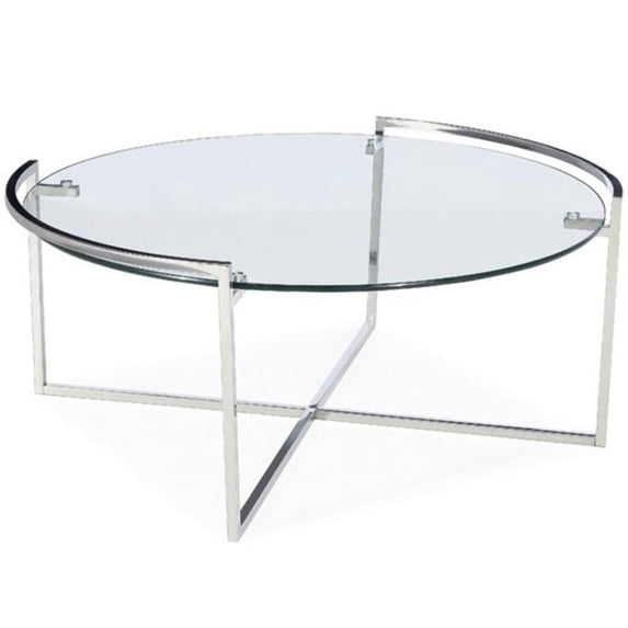 Uptown Club Banner 35.4" Round Contemporary Glass Top Coffee Table in Silver