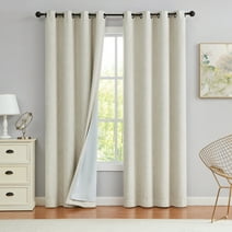 Uptown Home Beige Solid Full Blackout Double Window Curtain Panel for Bedroom Heavy Linen Texture Room Darkening Curtain with Gray Liner for Living Room, Grommet, 50"x84"x2