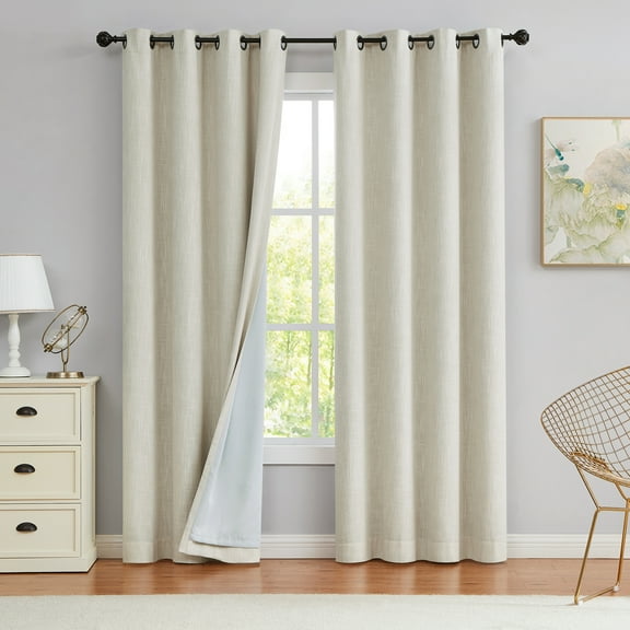 Uptown Home Beige Solid Heavy Linen Textured Full Blackout Curtain Panle for Bedroom Living Room Office with Gray Liner, Grommet, 50"x84"x2