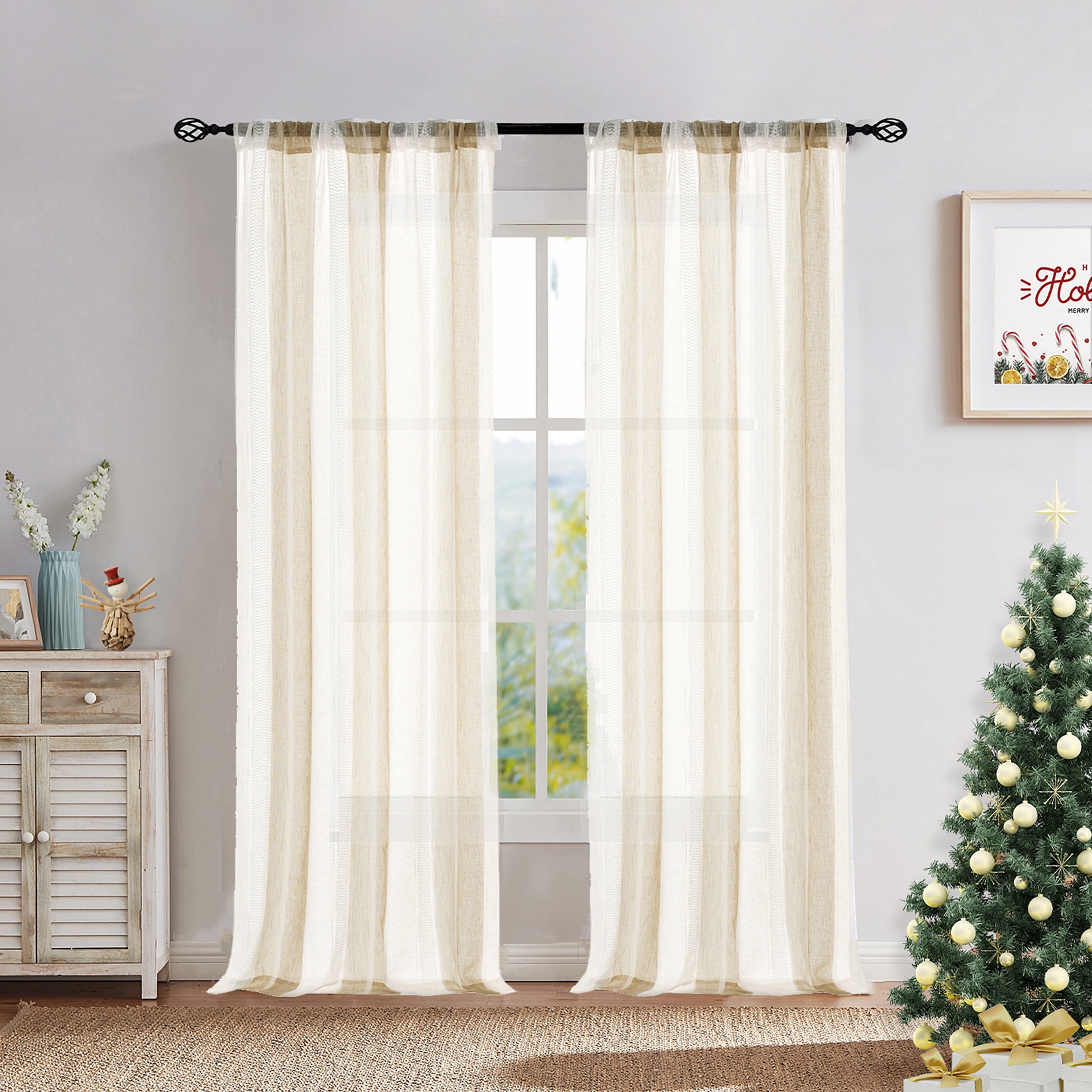 Uptown Home Beige White Stripe Sheer Window Curtain Panels for Living Room Farmhouse Yarn Dyed Linen Filtering Light Rod Pocket Bedroom Drapes, 50"x 84"x2