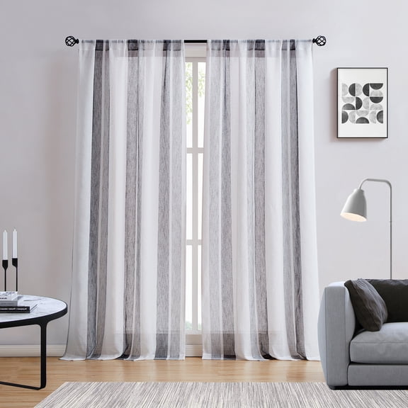 Uptown Home Black White Boucle Linen Stripe Country Style Curtain for Living Room Semi Sheer Rod Pocket Dining Room Window Curtain Panels, 50"x 63"x2