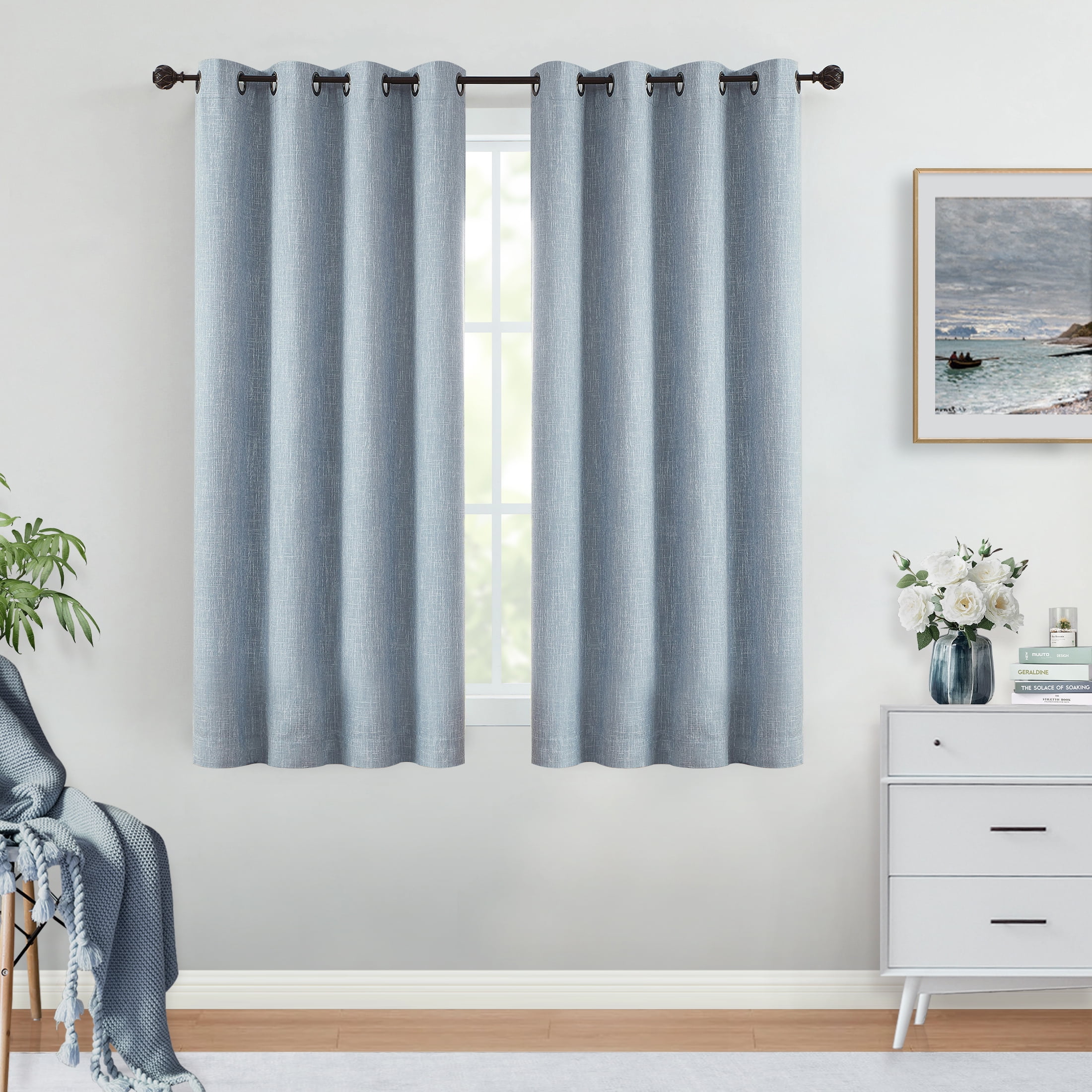 Uptown Home Blue Gray Solid Heavy Linen Textured Blackout Curtain for Bedroom Living Room Office, Grommet, 50"x63"x2