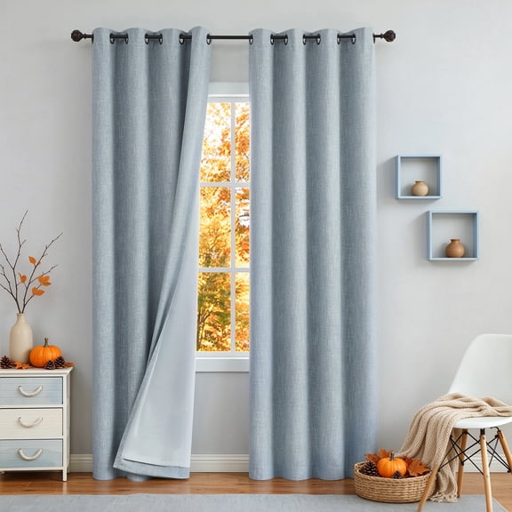Uptown Home Blue Solid Heavy Linen Textured Full Blackout Curtain Panle for Bedroom Living Room Bedroom Office, Grommet, 50"x84"x2