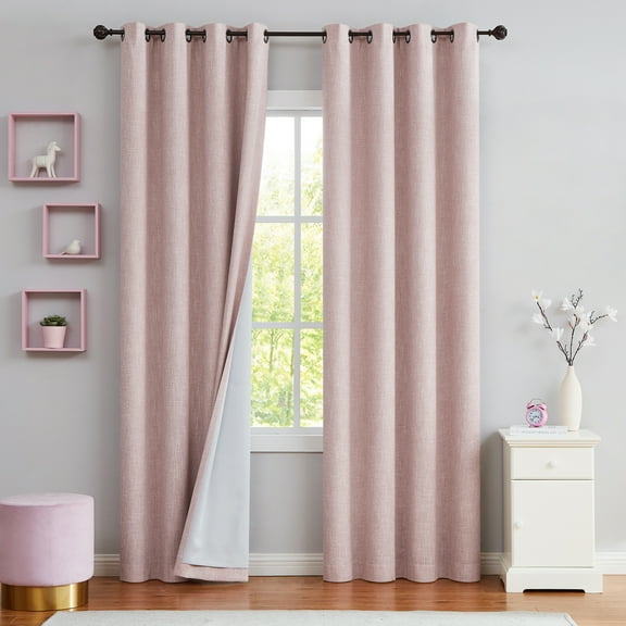 Uptown Home Pink Solid Heavy Linen Textured Full Blackout Curtain Panle for Bedroom Living Room Office with Gray Liner, Grommet, 50"x84"x2