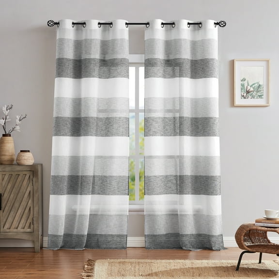 Uptown Home Gray Charcoal Color Block Rustic Window Sheer Curtain Panel for Bedroom/Living Room Linen Texture Farmhouse Drapes, Grommet Top, 40"x84"x2