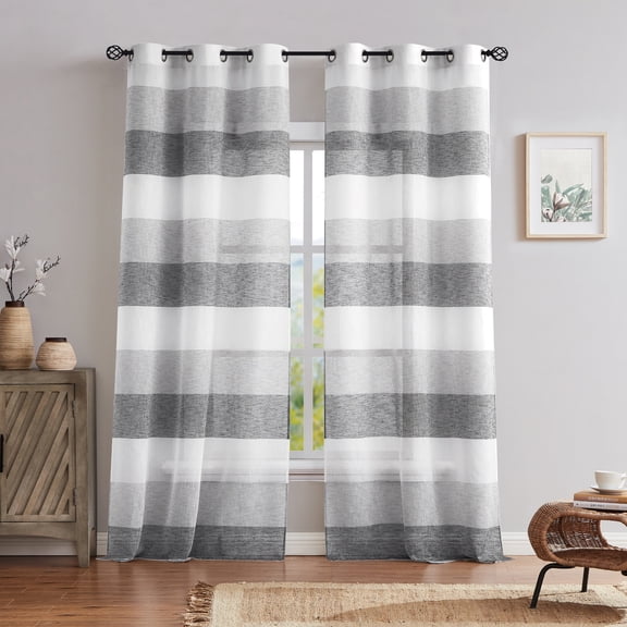 Uptown Home Gray Charcoal Stripe Color Block Window Sheer Curtain Panel for Living Room Linen Texture Farmhouse Grommets Drapes, 40"x63"x2