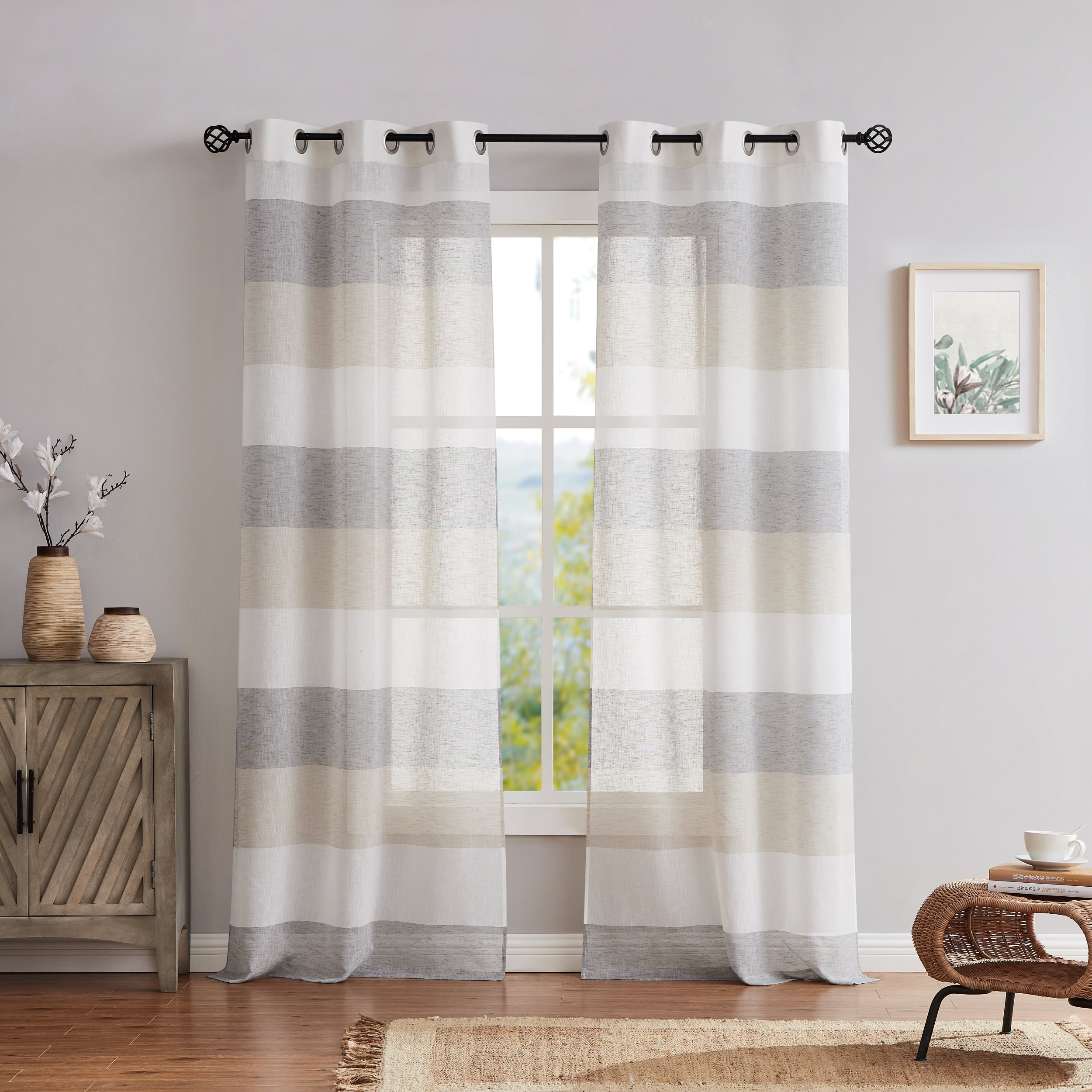 Uptown Home Gray Tan Color Block Grommets Window Sheer Curtain Panel for Bedroom Stripe Window Treatment for Living Room, 40"x95"x2